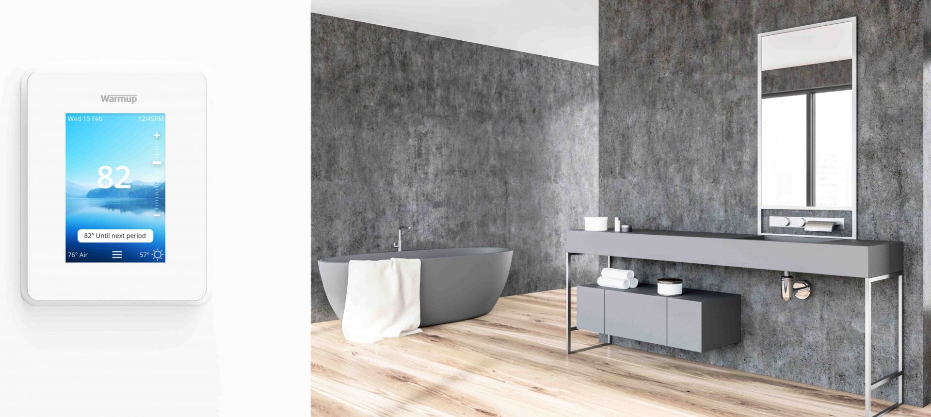 Warmup's 6iE Smart Thermostat installed in a bathroom with a radiant heated floor.