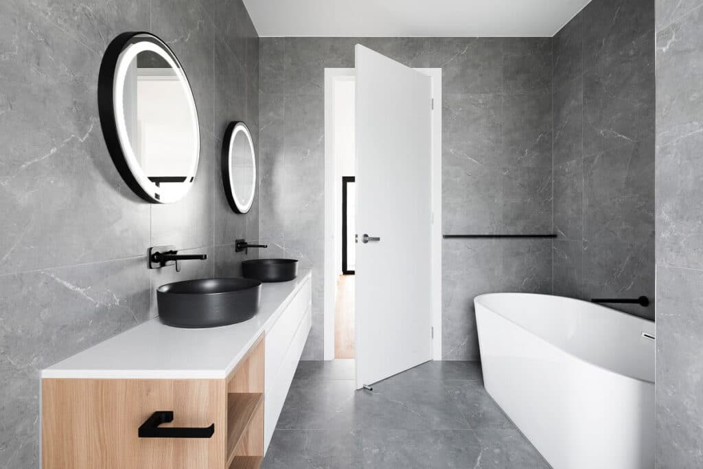 A tiled bathroom with electric radiant underfloor heating.