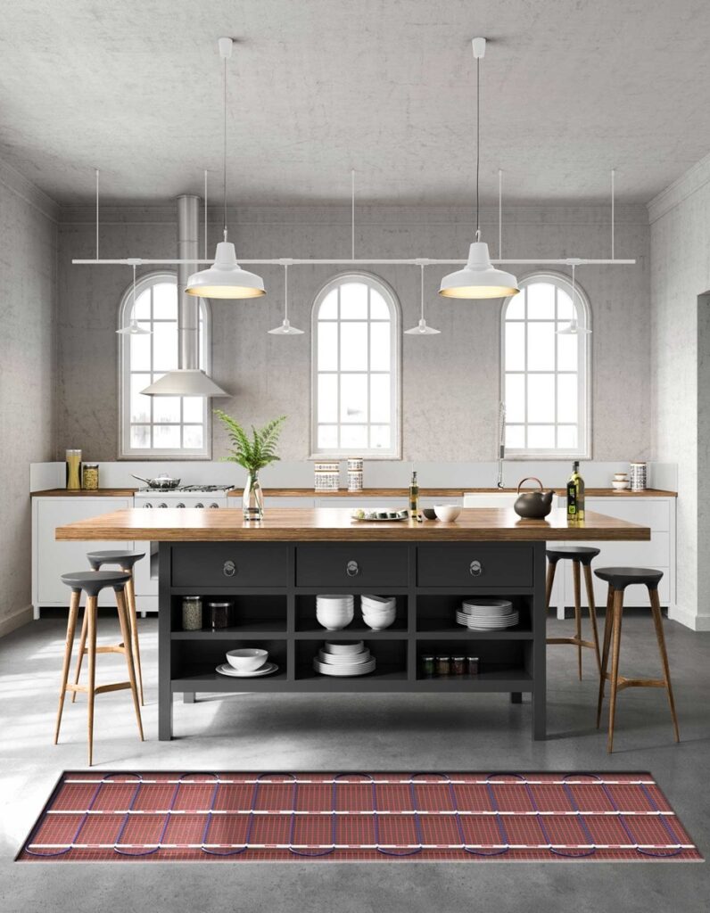 A kitchen showing radiant heat installed under tthe tile.