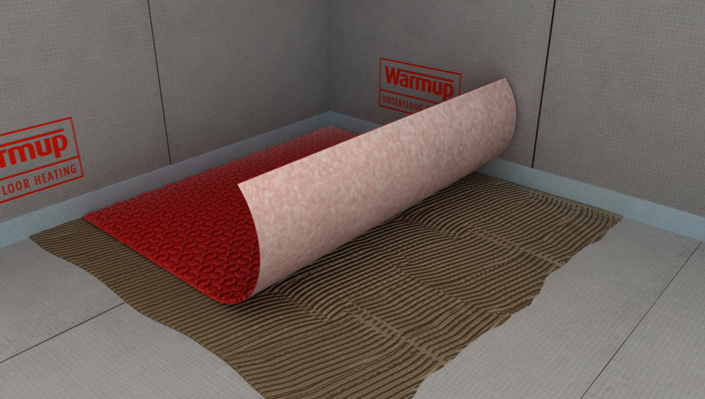 A Warmup Membrane being installed over a subfloor.