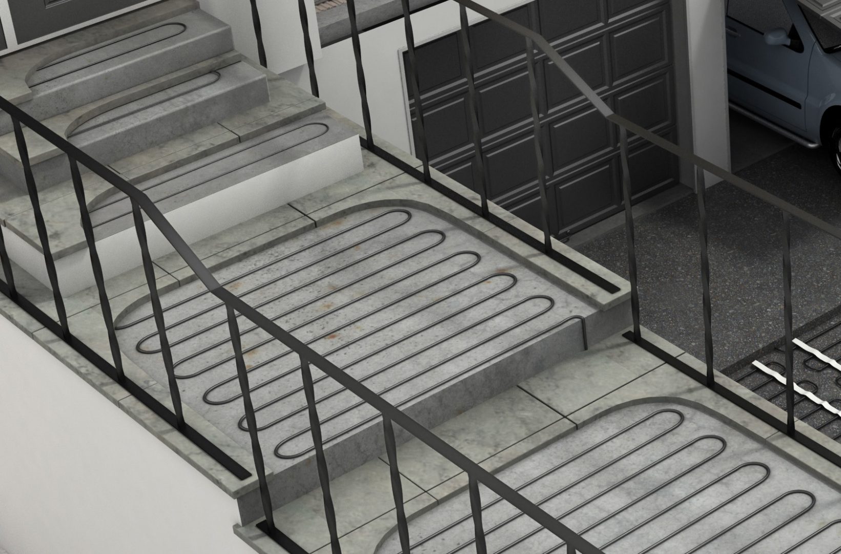 A cutaway image showing how electric radiant heating cables can be installed in a walkway and stairs.